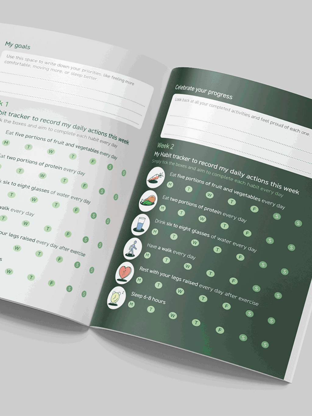 The spread of a booklet showing two goal trackers.